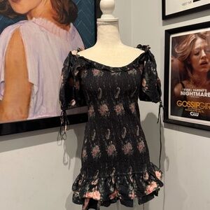 LoveShackFancy Black Floral Ruched Mini Dress XS